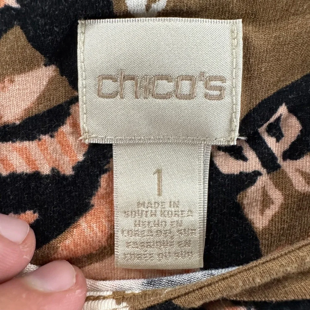 Chico's Knit Top Womens Size 1 Brown Geometric 3/4 Sleeve Good Tribal Print